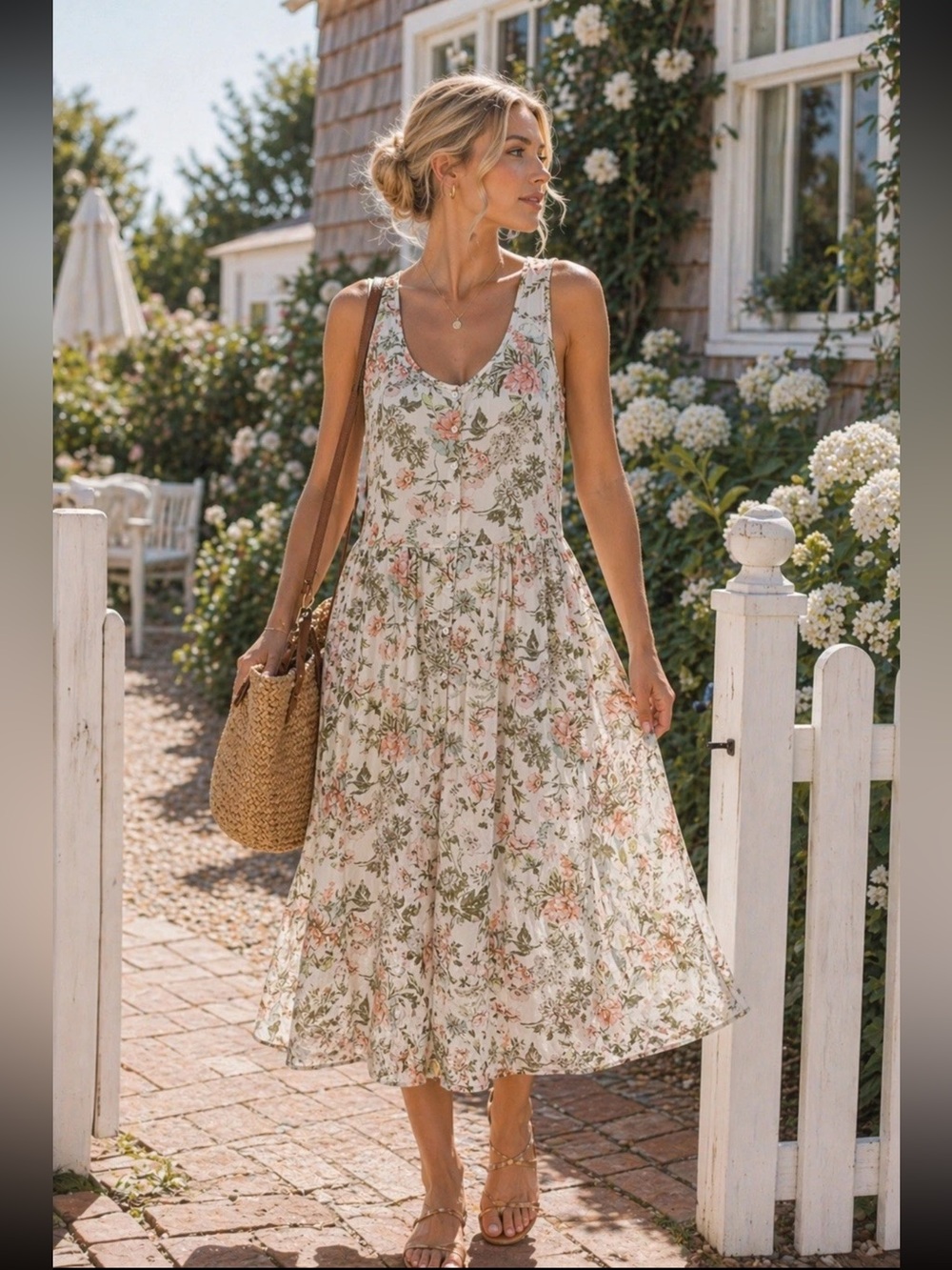 Frye Button Down Floral Midi Dress XXL Cottage Core Prairie Folk Garden Pattern